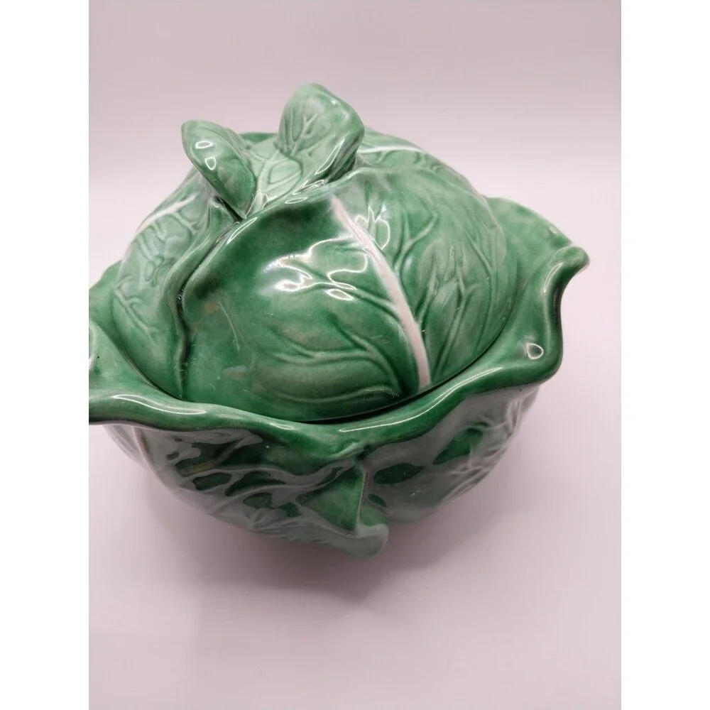 Holland Mold Co. Green Leaf Design Ceramic Covered Dish Vintage Serveware USA